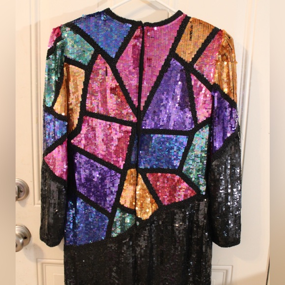 VTG 1980's Scala Geometric Mosaic Abstract Colored Sequin Party Dress SIZE SMALL - Picture 4 of 4